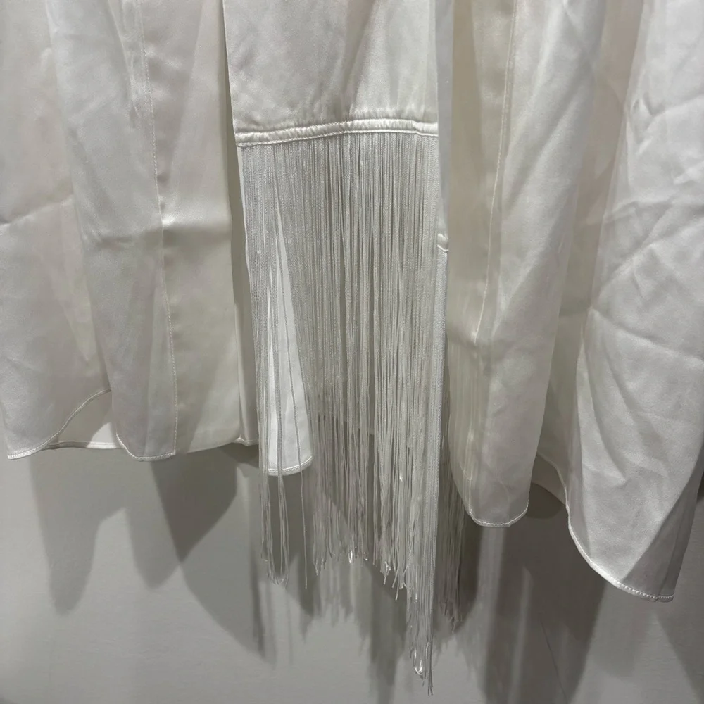 NWT! KIKI DE MONTPARNASSE Fringe Kimono Robe -Trim Silk Mini Kimono White Size M